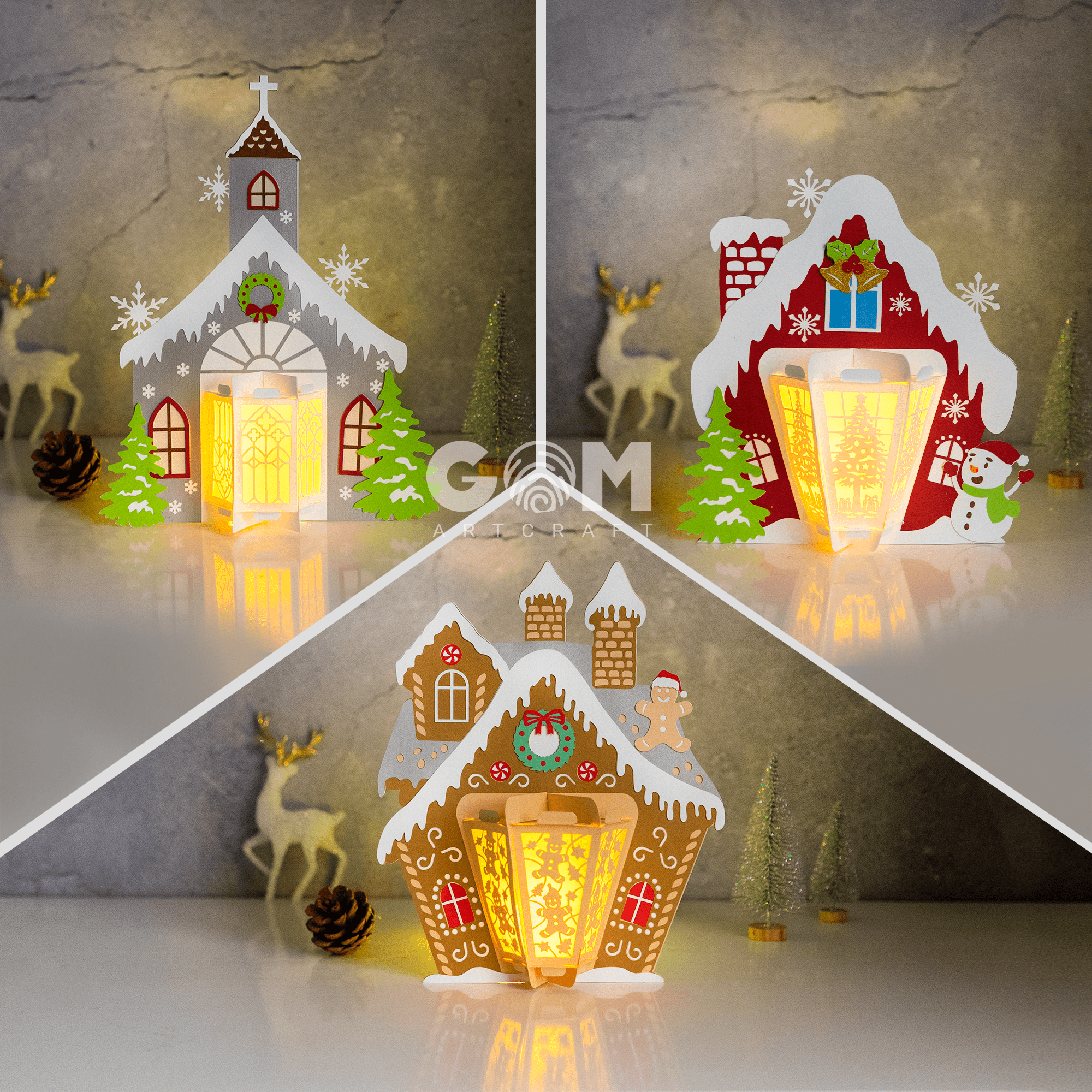 Set 3 Church Lantern, Gingerbread House Lantern, Snow House Template - Diy  Lantern Christmas Ornaments - Paper Cut Template For Christmas throughout Christmas Lantern Craft Template