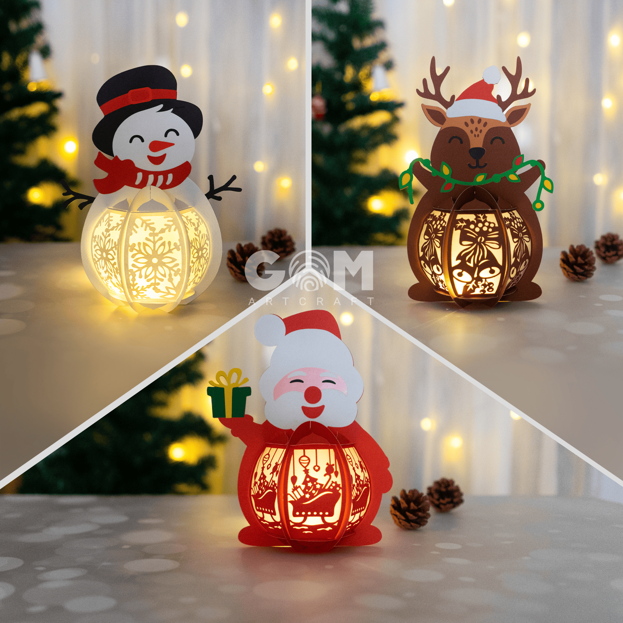 Set 3 Merry Christmas Lanterns - Santa Claus, Snowman, Reindeer Lanterns -  Diy Christmas Ornaments - Paper Cut Template For Christmas regarding Christmas Lantern Craft Template