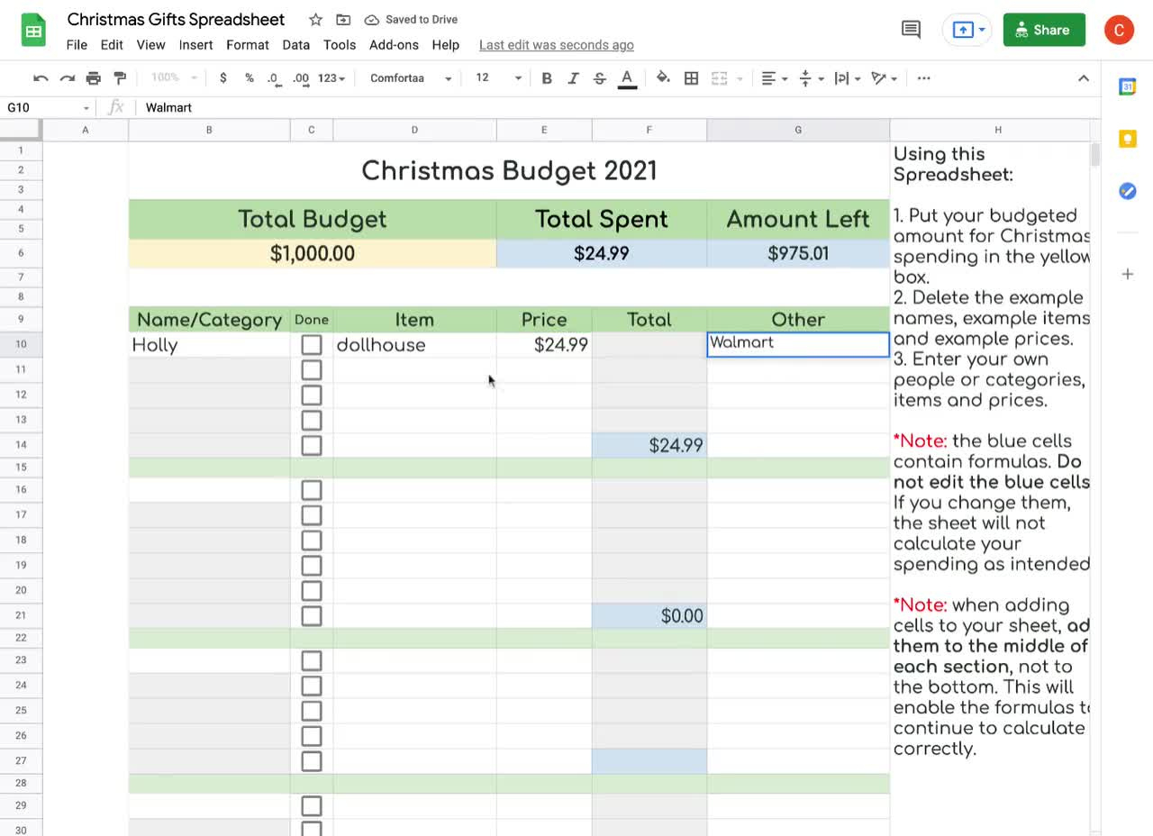 Simple Christmas Gift Tracker And Budget Template Spreadsheet For Google  Sheets with Christmas List Spreadsheet Template