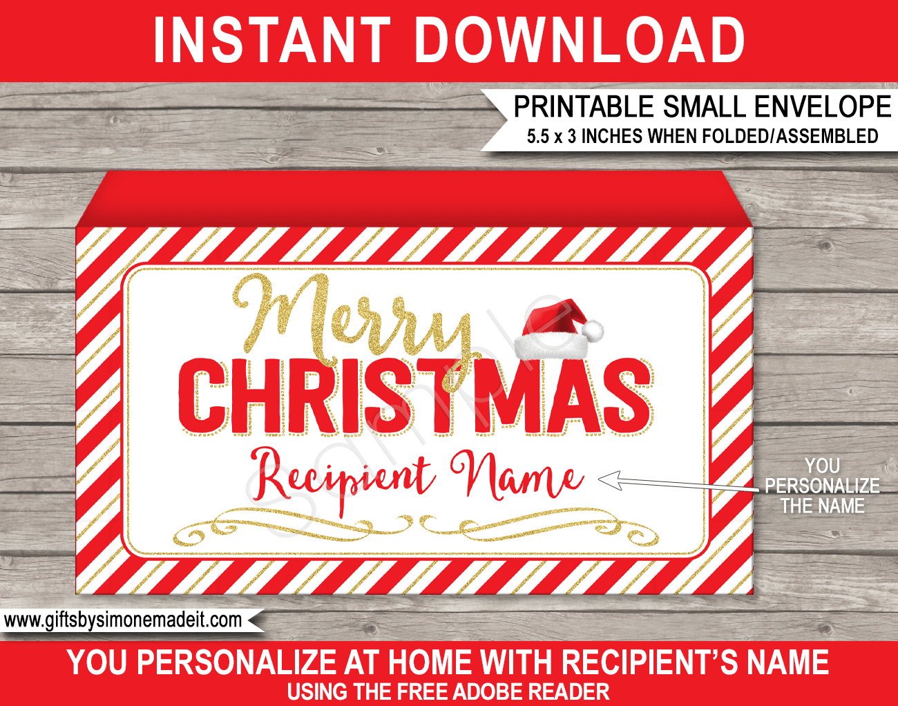 Small Christmas Envelope (Santa Hat) - Red &amp;amp; Gold intended for Christmas Money Envelope Template Free Download