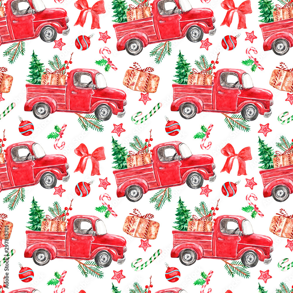 Stock-Illustration „Watercolor Christmas Seamless Pattern With Red for Christmas Red Truck Template
