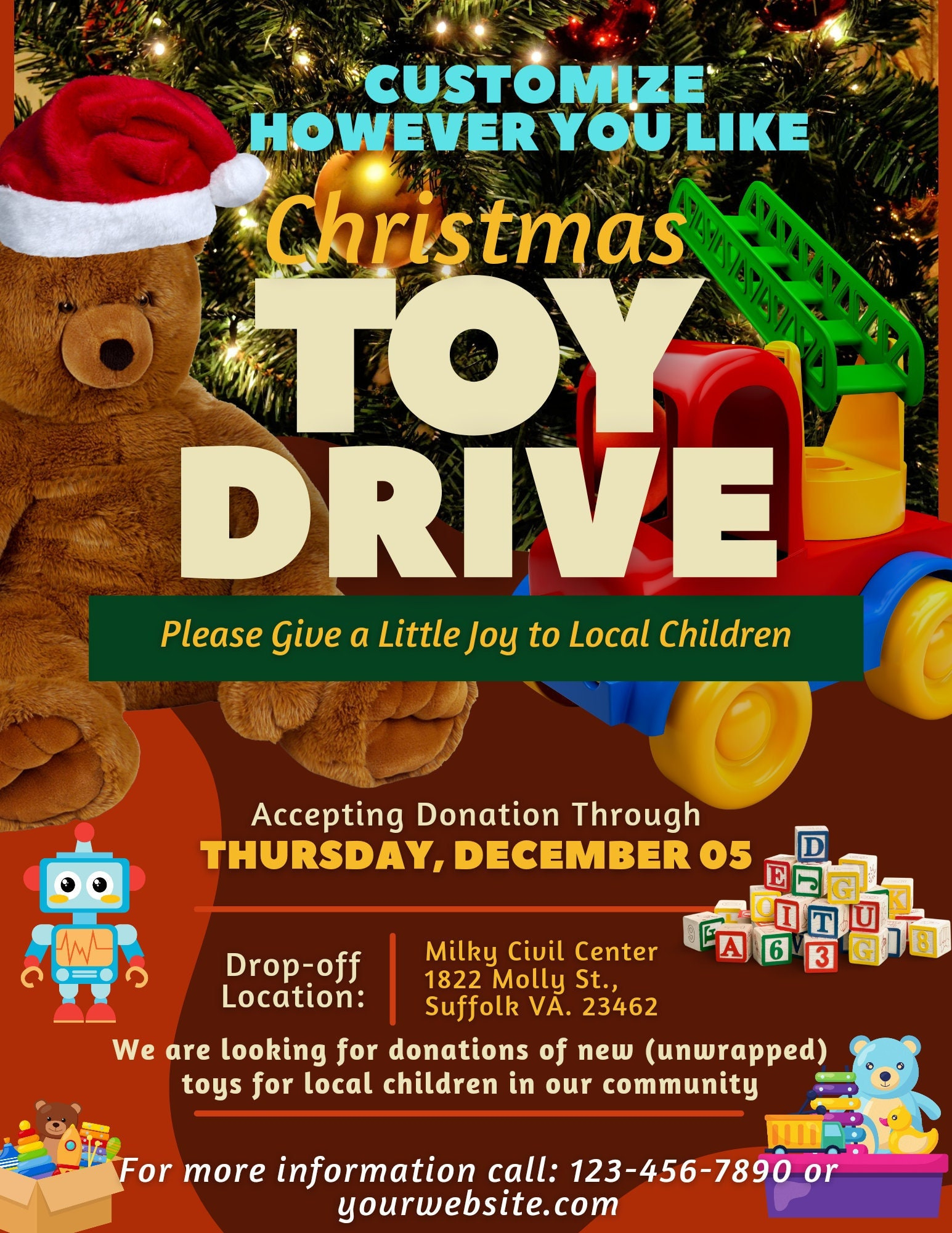 Toy Donation Drive Flyer/ Invitation/ Social Media Post 100 regarding Christmas Toy Giveaway Flyer Template
