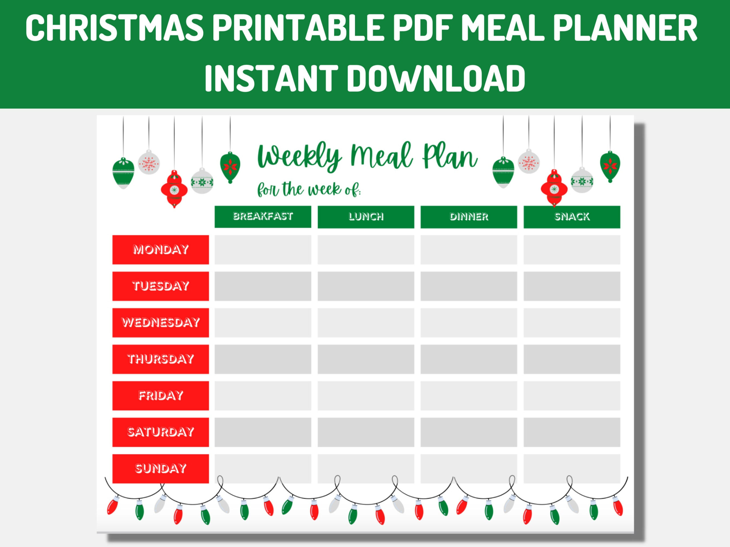 Weekly Meal Planner Printable | Christmas Holiday Theme | Grocery Shopping  List | Instant Pdf Download | Weekly Menu Planner intended for Christmas Menu Planning Template