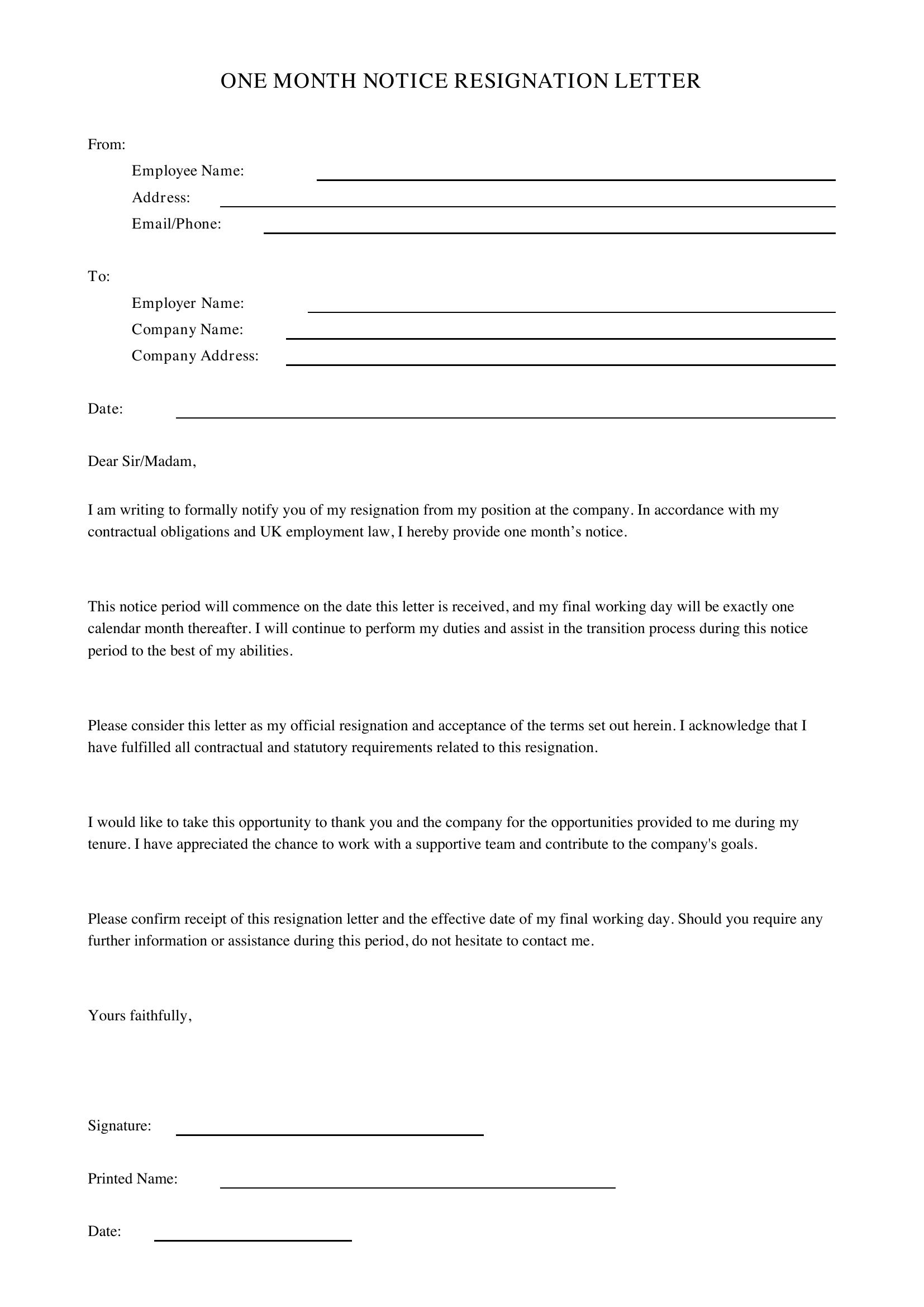 1 Month Notice Resignation Letter
