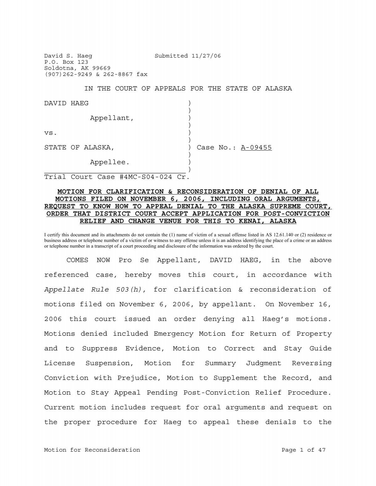 112706 Motion For Reconsideration Alaska State Of Corruption