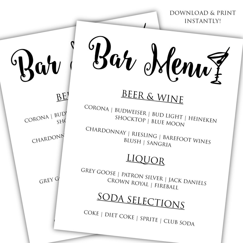 free printable bar menu template