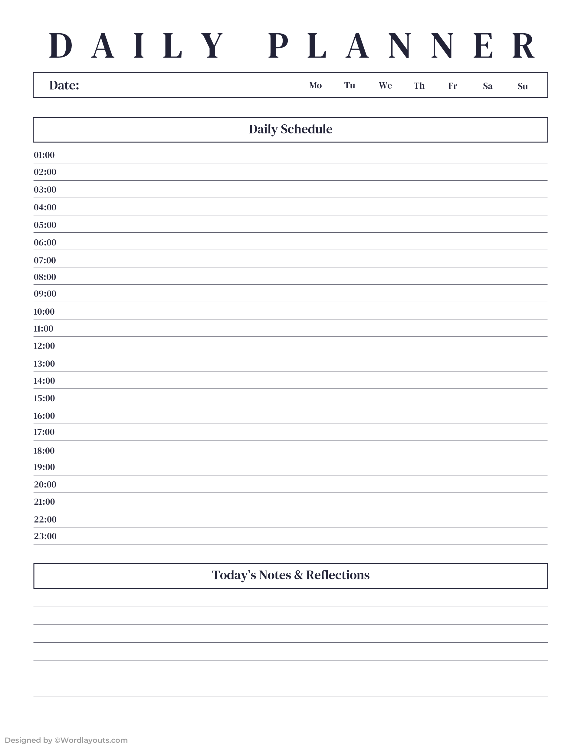 24 Hour Daily Schedule Planner Template 24 Hour Daily Schedule Planner Template