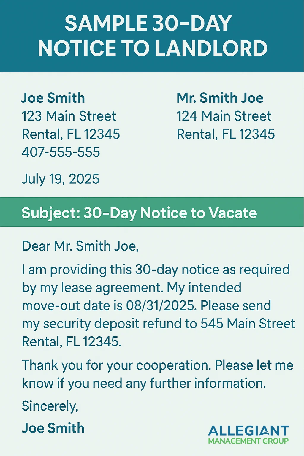 30 Day Notice To Landlord Template