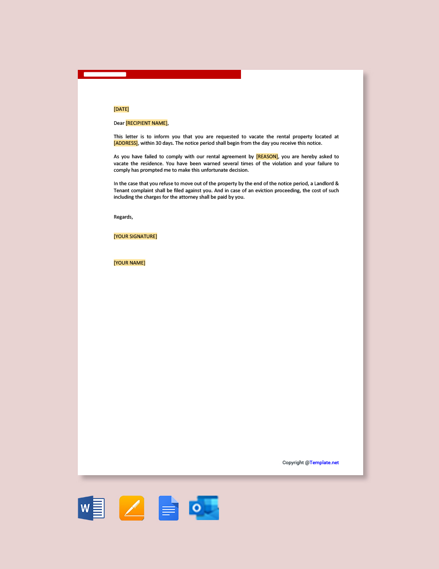 30 Day Notice To Vacate Letter