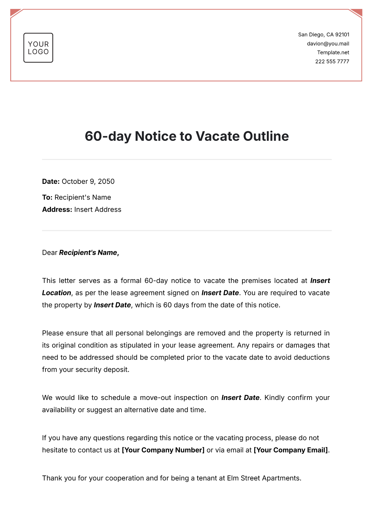 60 day notice letter sample template