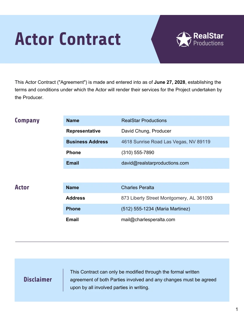 free printable actor contract template free printable actor contract template