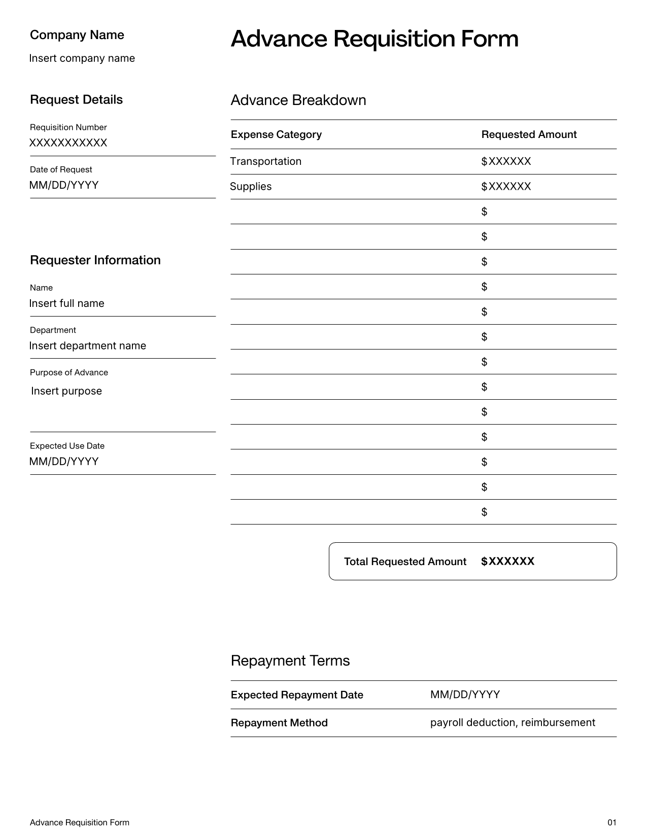 Advance Requisition Form Template Advance Requisition Form Template