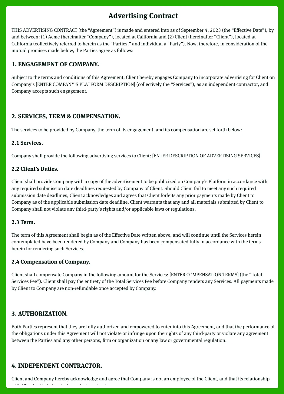 sample advertising contract template