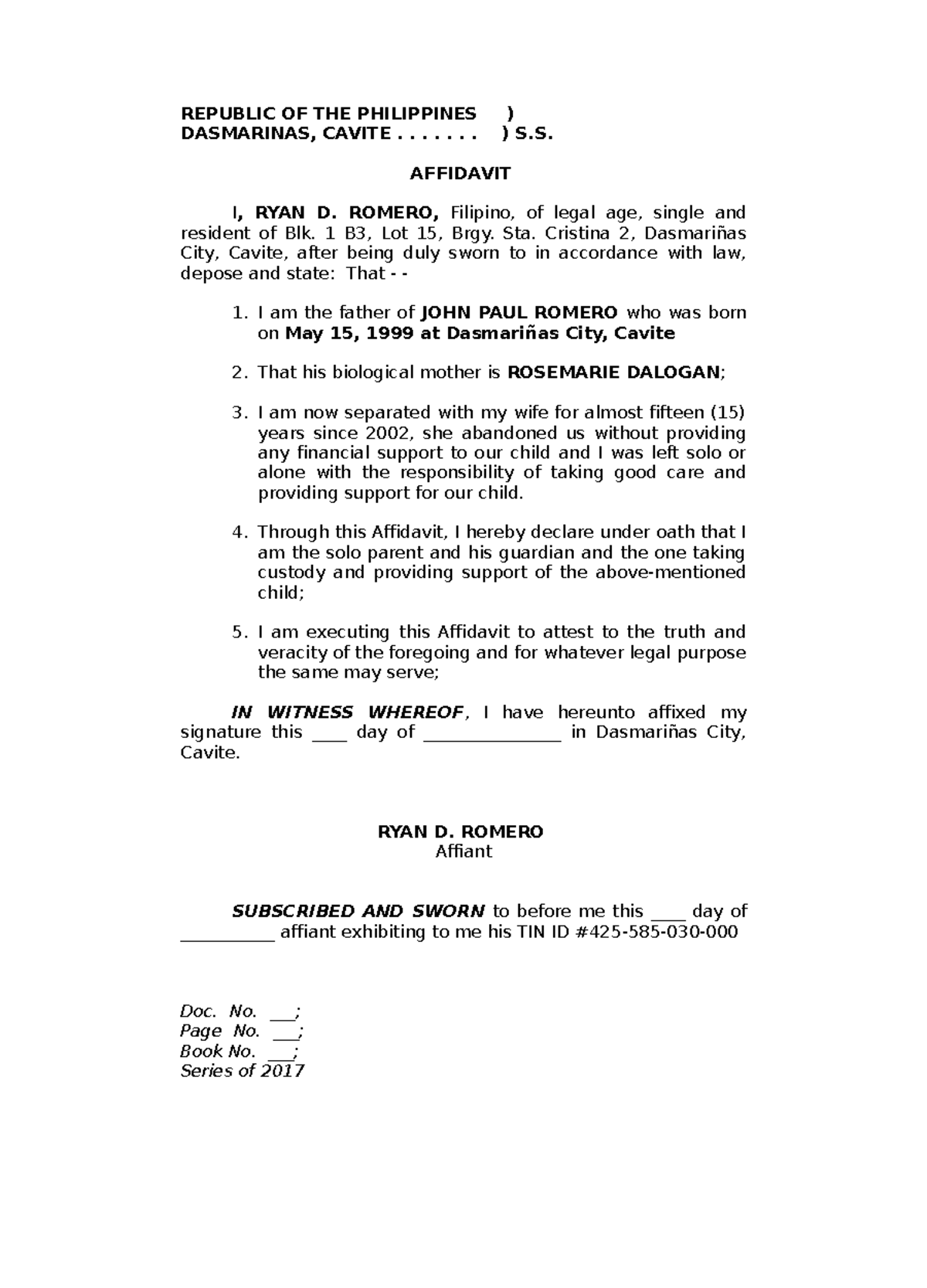 Affidavit Solo Single Parent