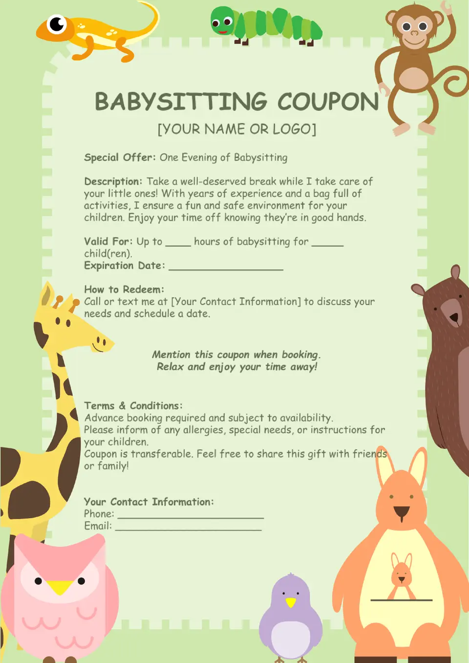 Babysitting Coupon Template Babysitting Coupon Template