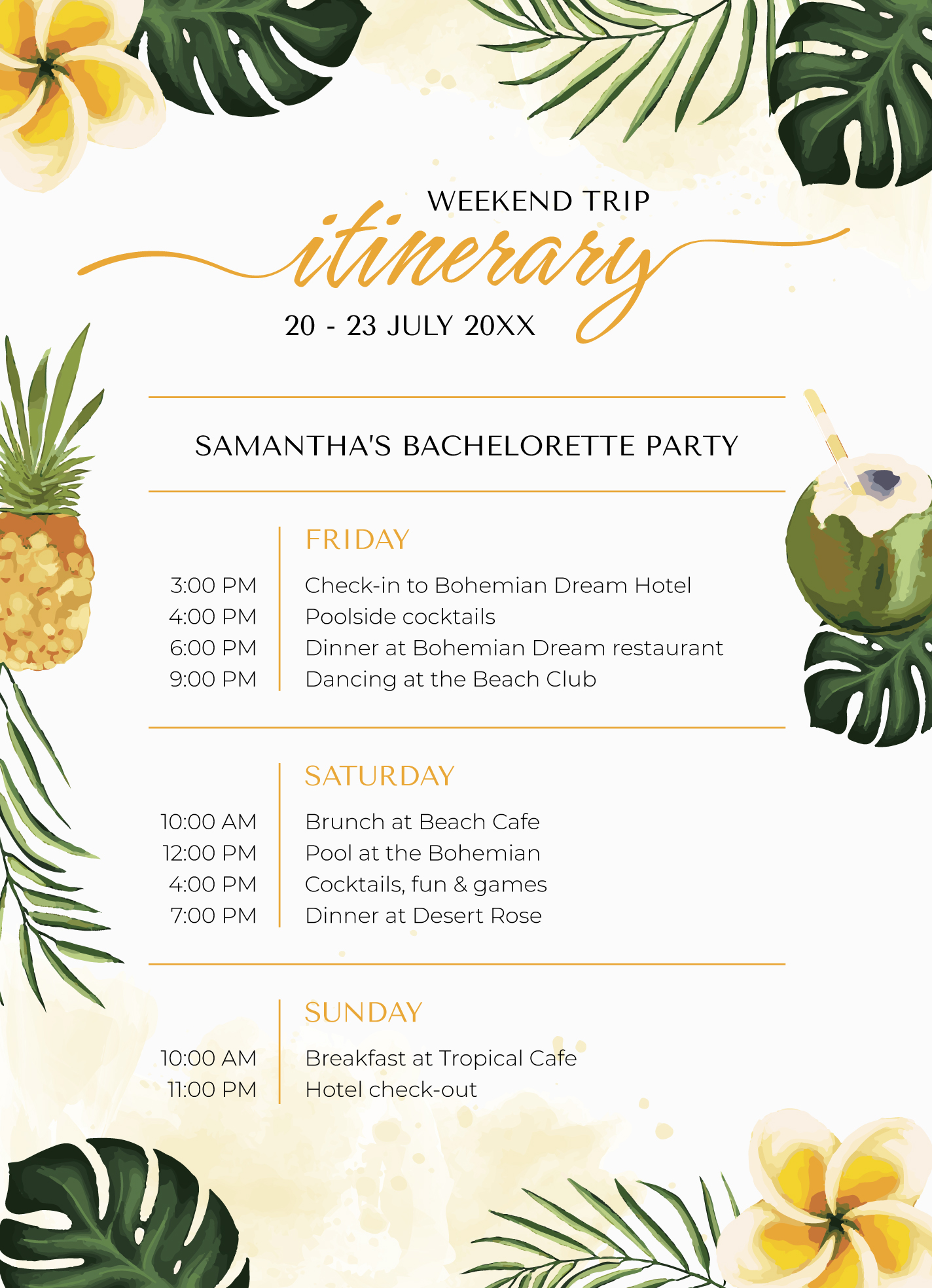 Bachelorette Itinerary Free Google Docs Template
