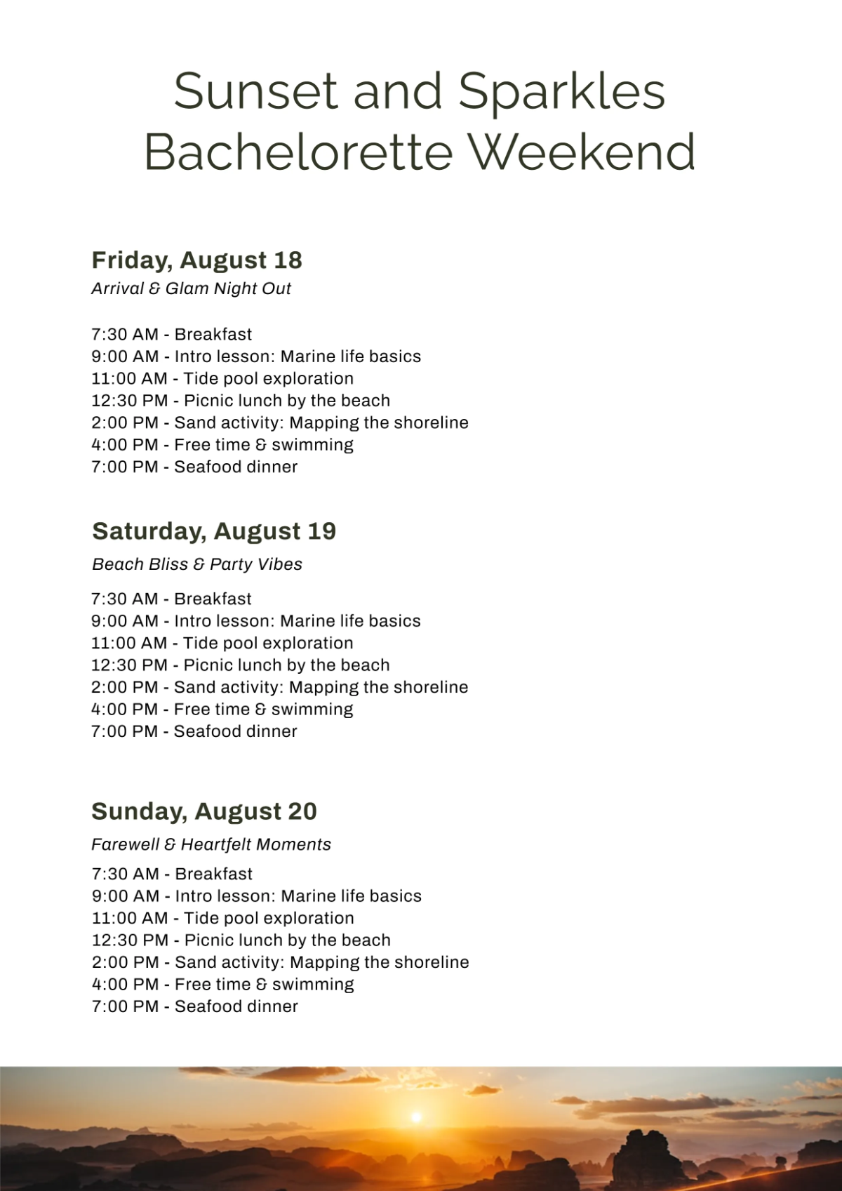 free printable bachelorette itinerary template