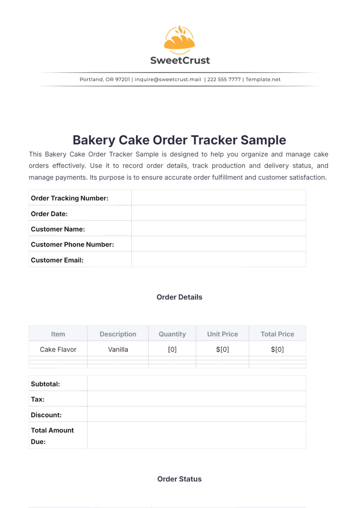 Bakery Cake Order Tracker Sample