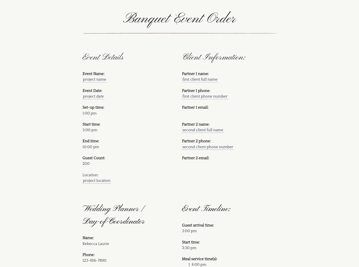 Banquet Event Order Beo