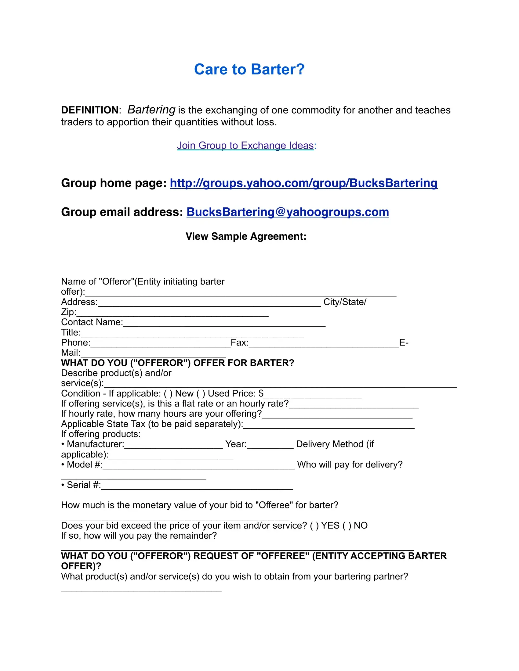 Bartering Agreement Bartering Agreement