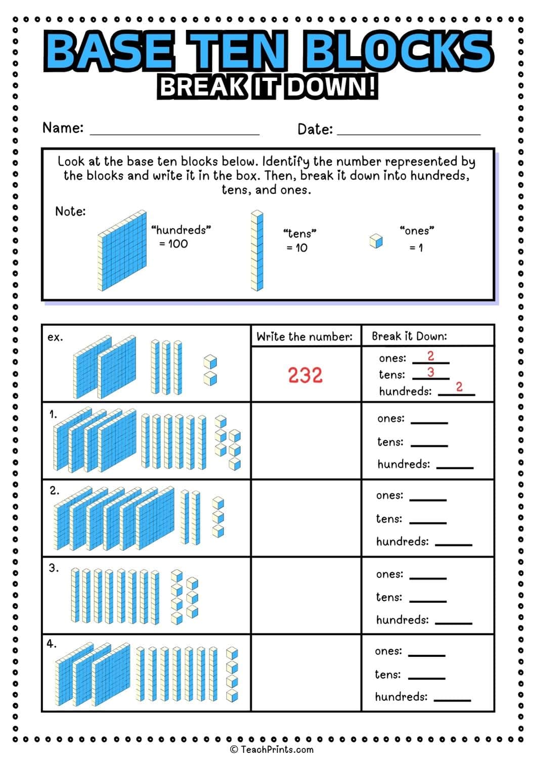 Base Tens Blocks Worksheets