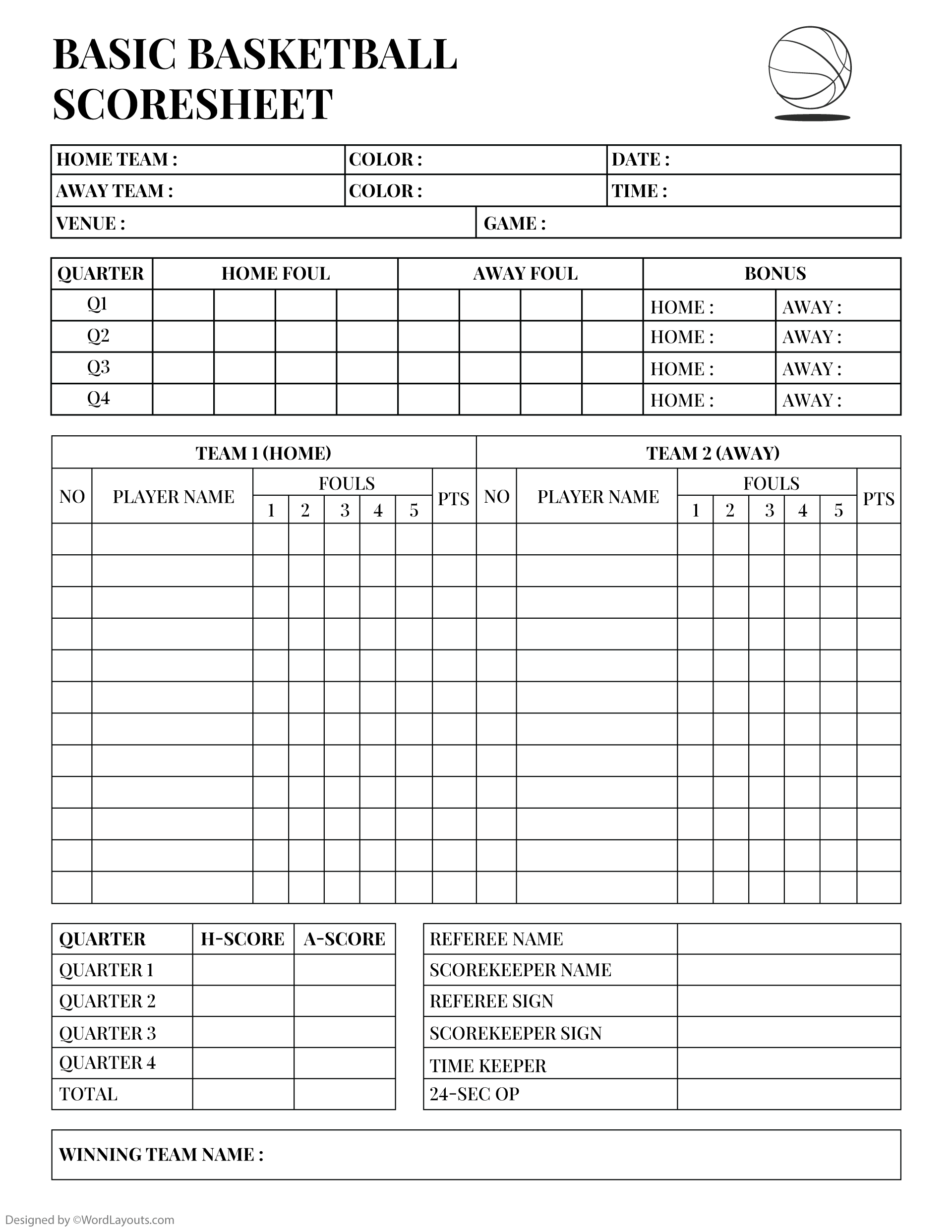 Basic Basketball Score Sheet Template Basic Basketball Score Sheet Template
