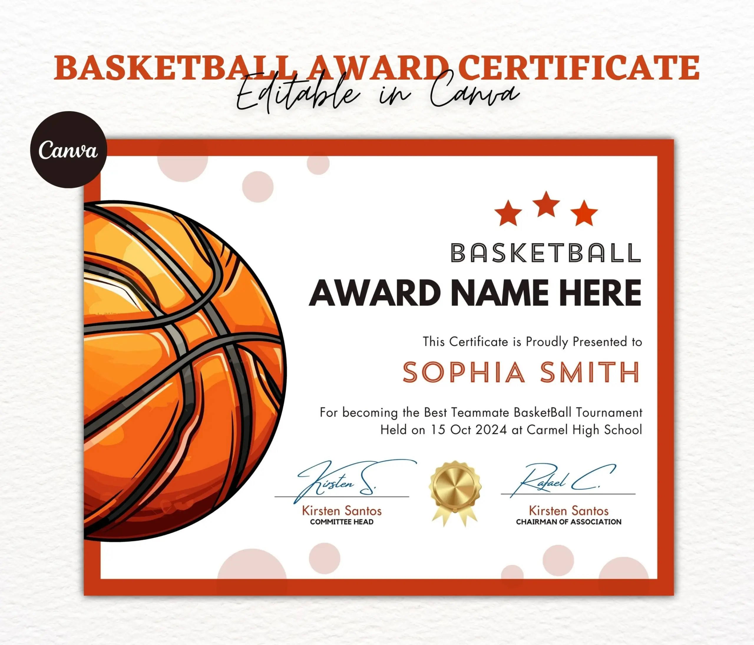 Basketball Award Certificate Editable Basketball Award Certificate Editable
