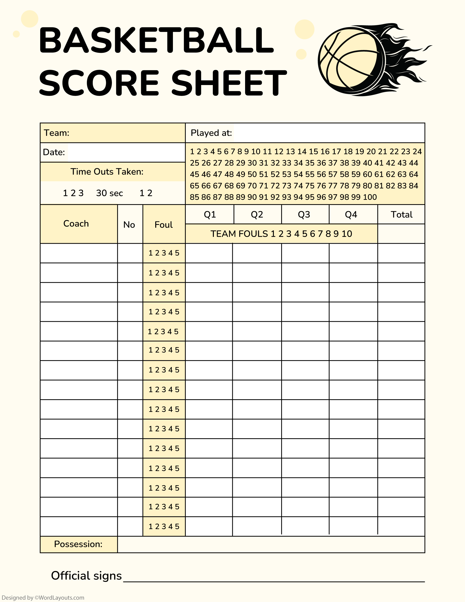Basketball Score Sheet Template