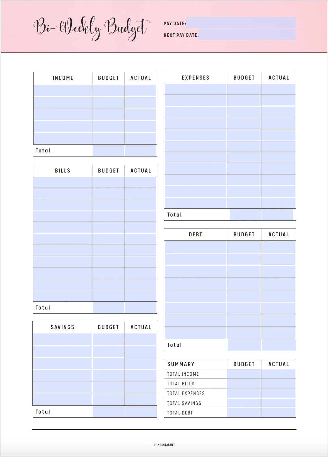 Bi Weekly Budget Template Printable