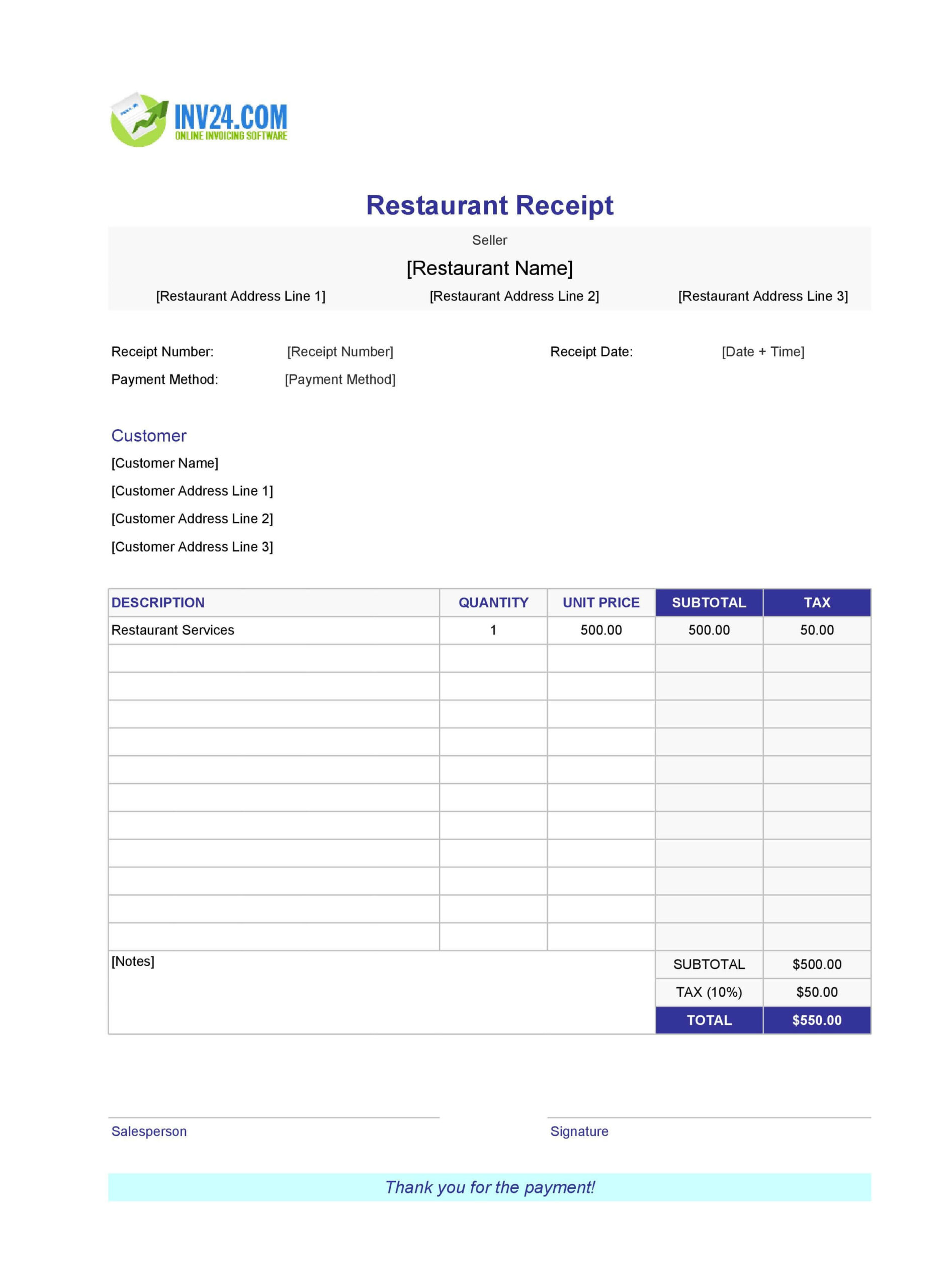 Blank restaurant receipt template