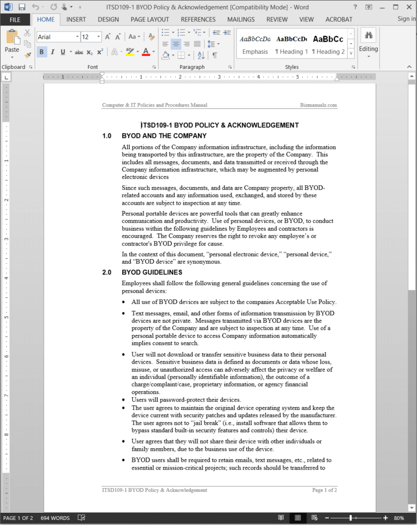 Byod Policy Acknowledgement Template