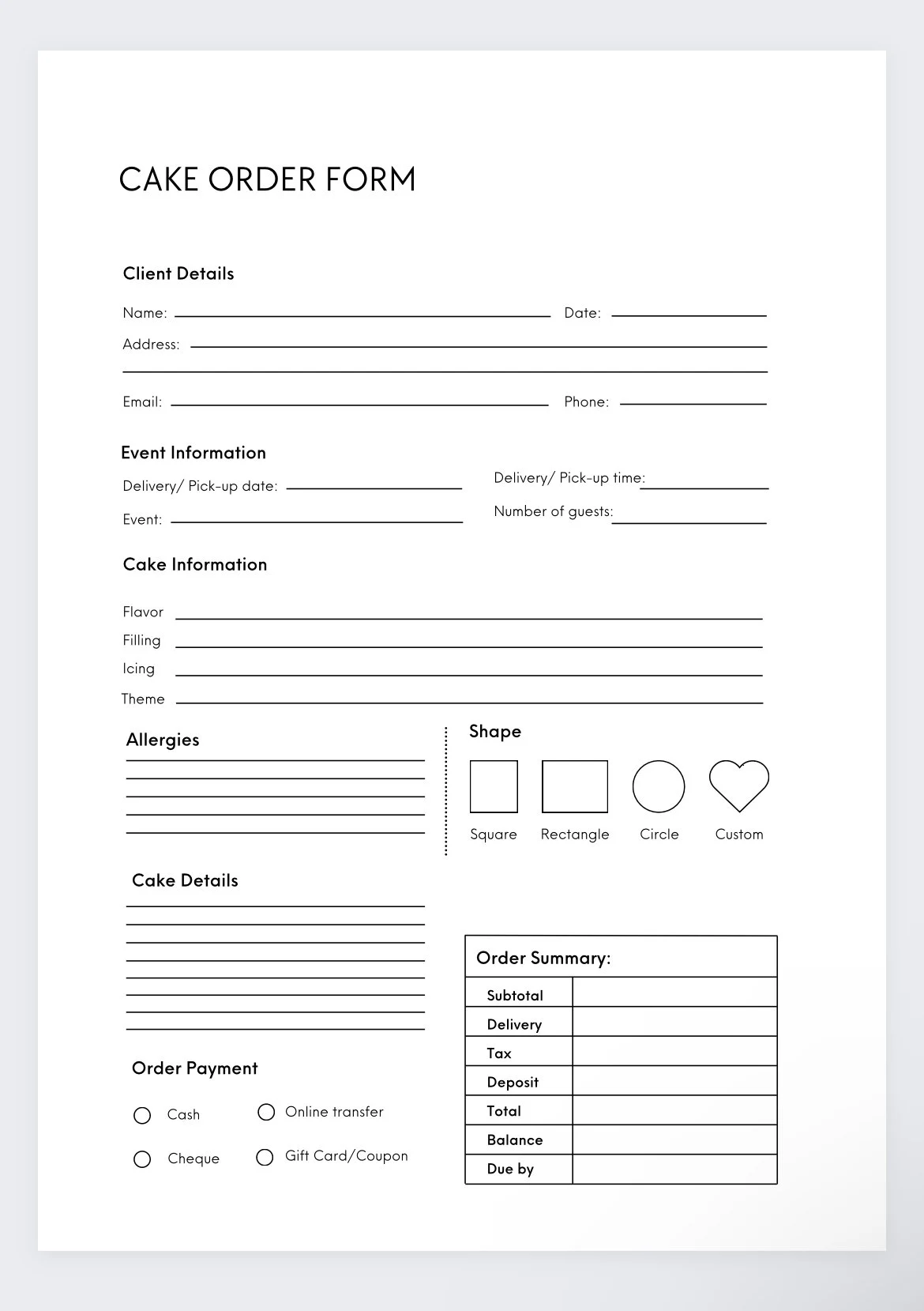 Cake Order Form Custom Cake Order Sheet Cake Order Form Custom Cake Order Sheet