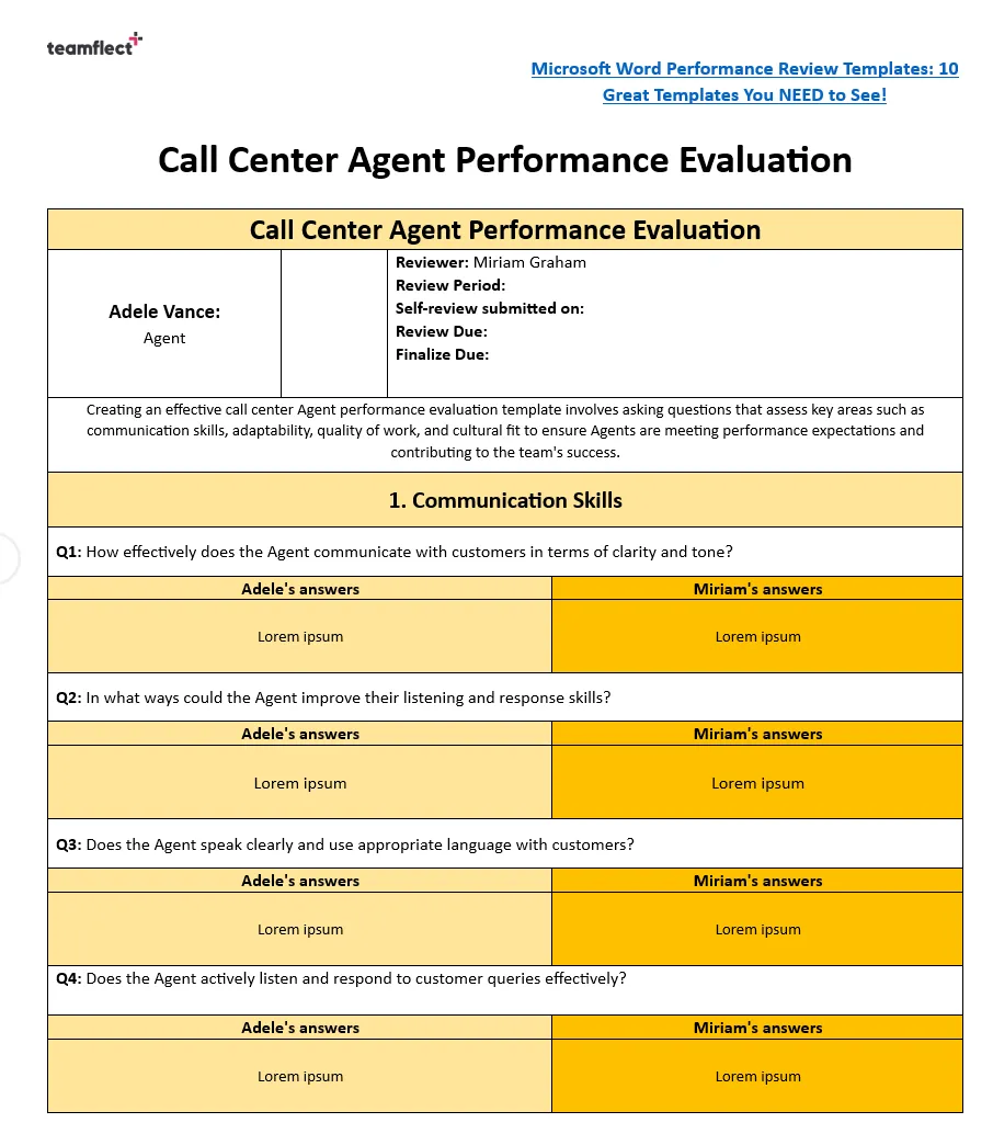 Call Center Agent Performance Evaluation Template Call Center Agent Performance Evaluation Template