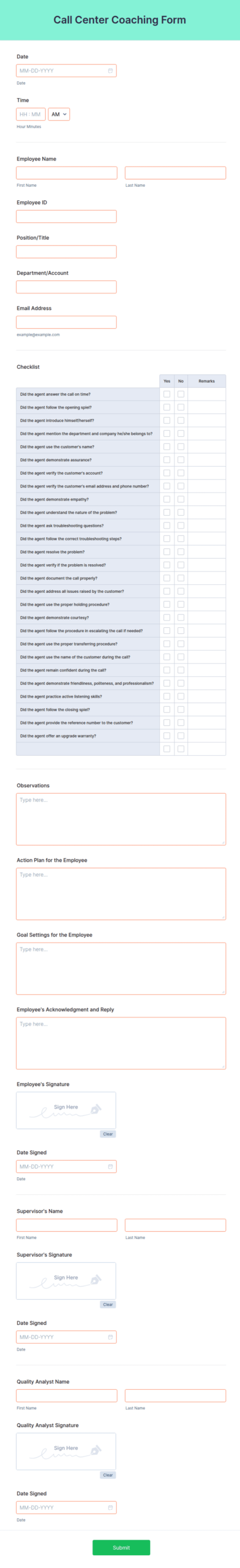 Call Center Coaching Form