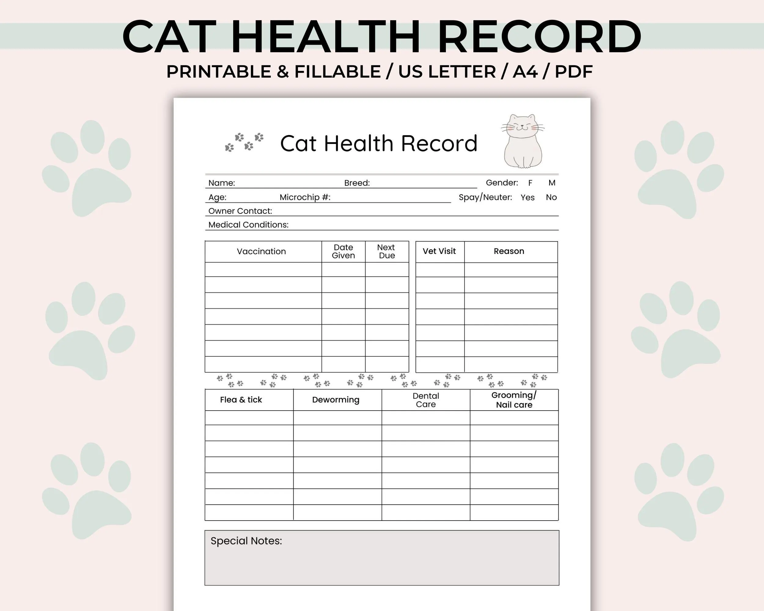 Cat Health Record Printable Pet Health