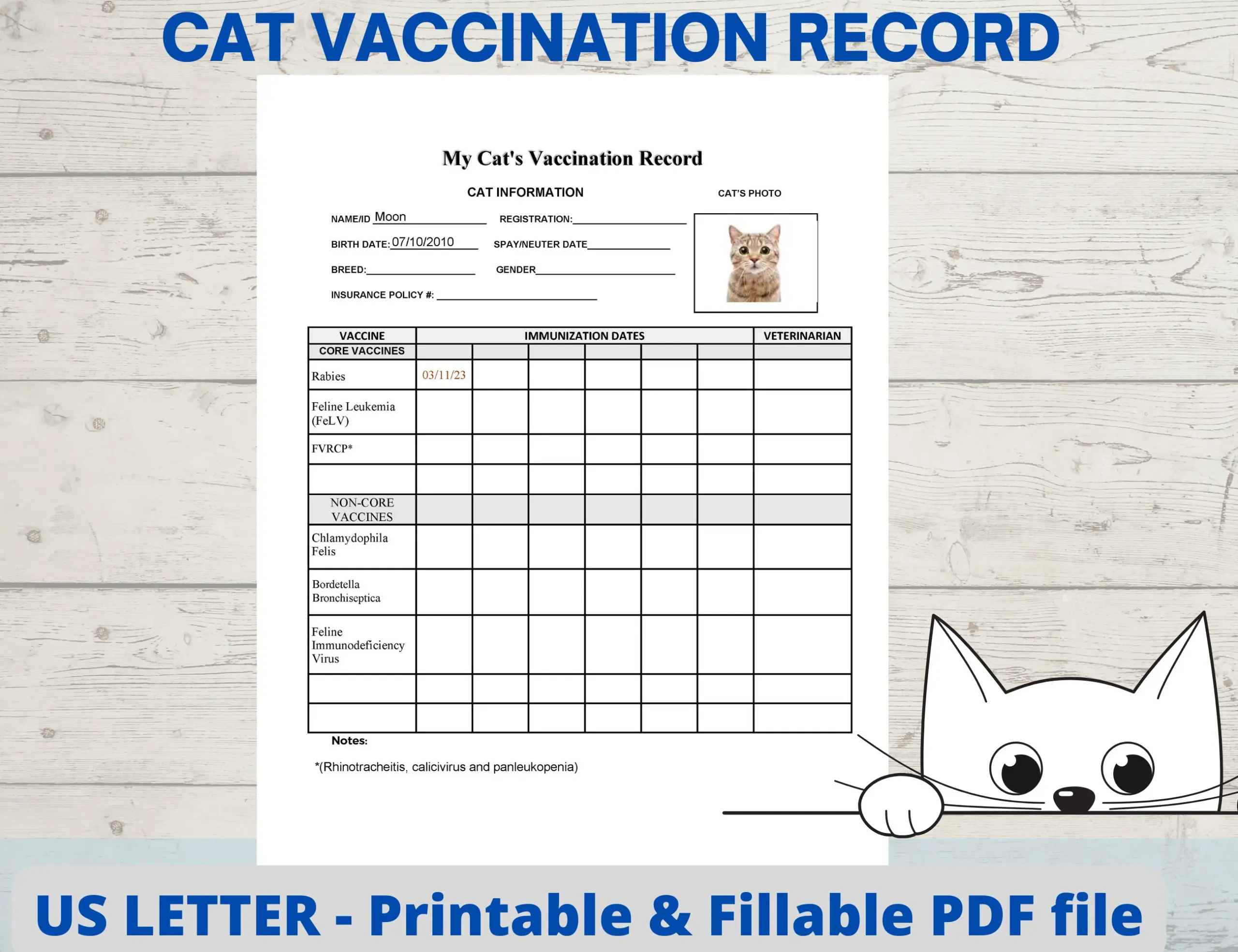 Cat Vaccination Record Cat Health Record Cat Vaccination Record Cat Health Record