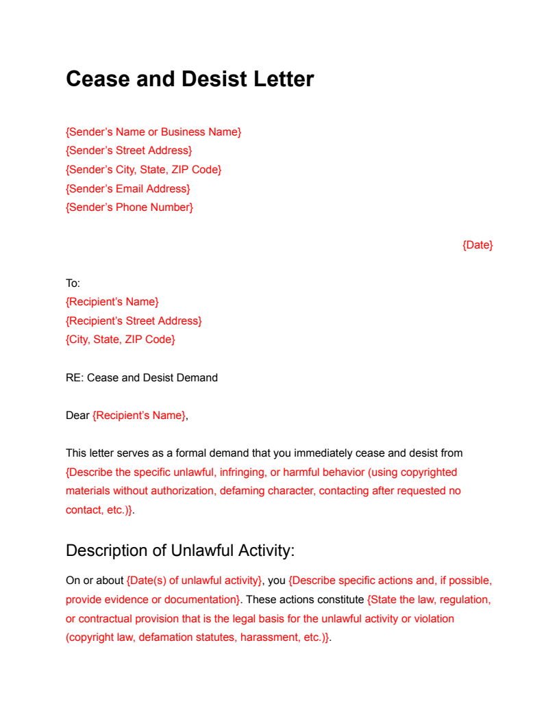 Cease And Desist Letter Cease And Desist Letter
