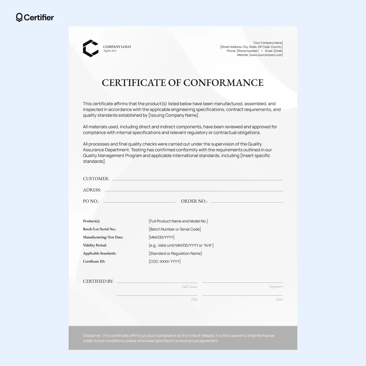 Certificate Of Conformance Template Certificate Of Conformance Template