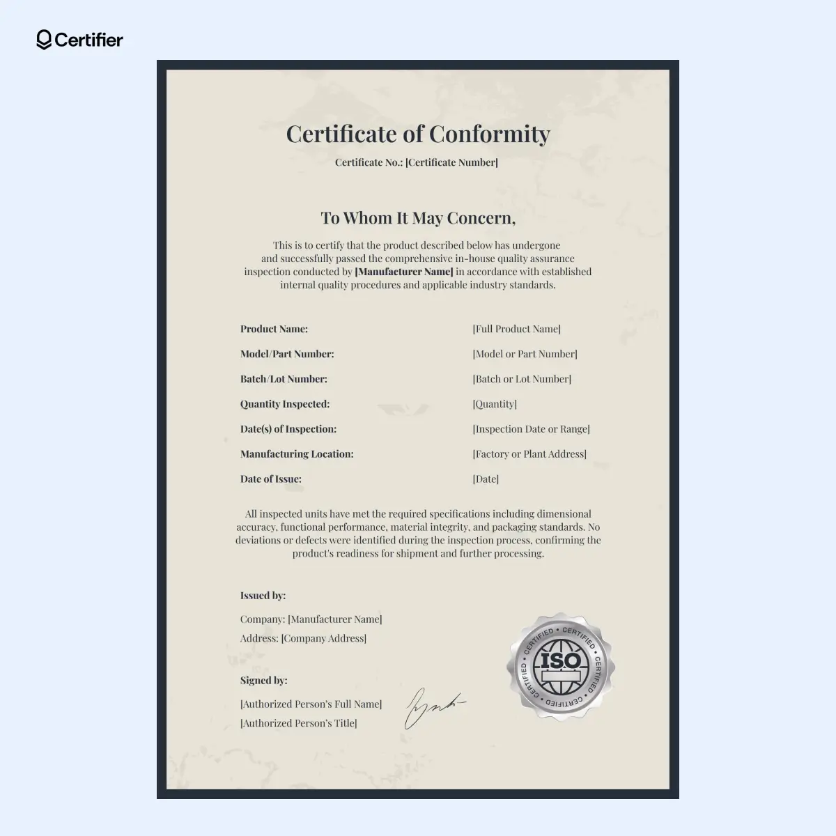 Certificate Of Conformance Template