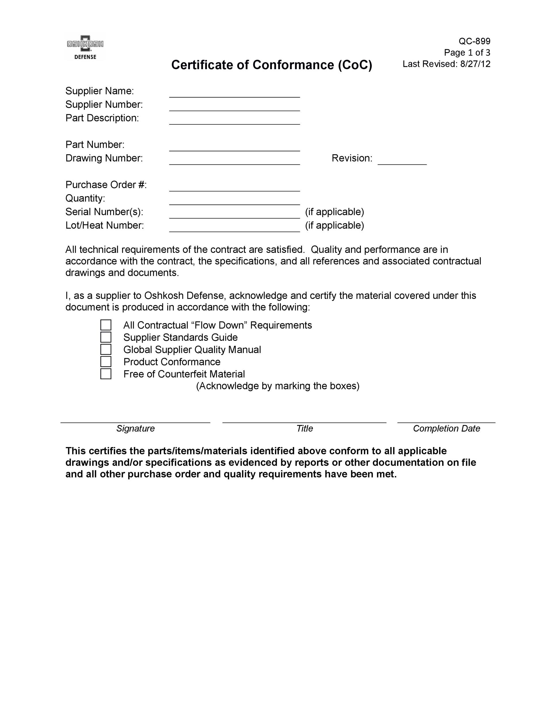 Certificate Of Conformance Certificate Of Conformance