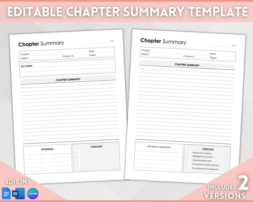 free printable chapter summary template free printable chapter summary template