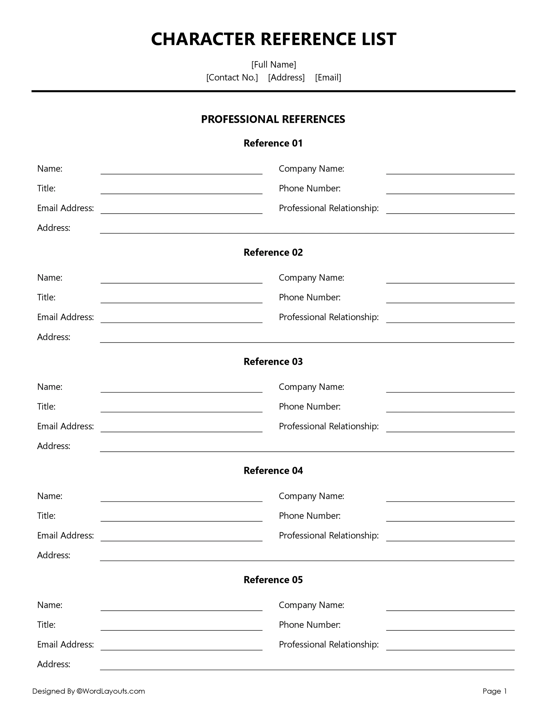 Character Reference List Template Character Reference List Template