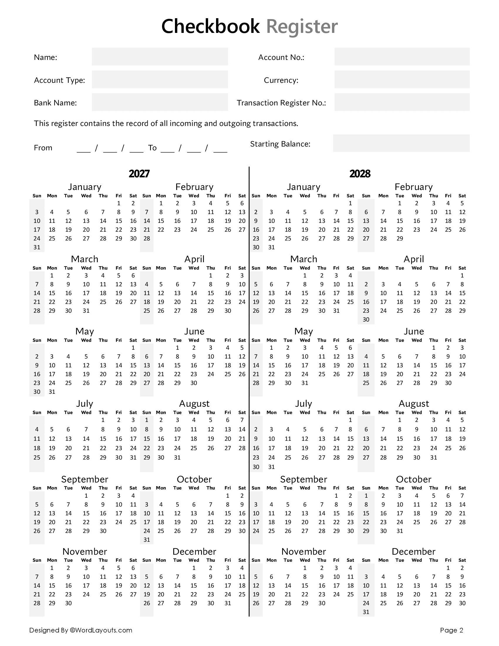 Checkbook Register Template Word