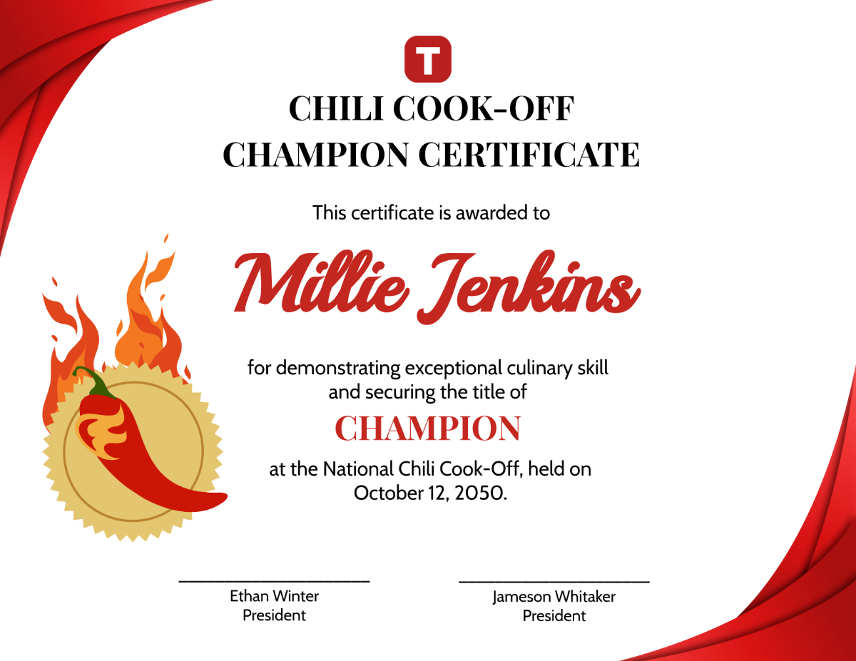 Chili Cook Off Champion Certificate