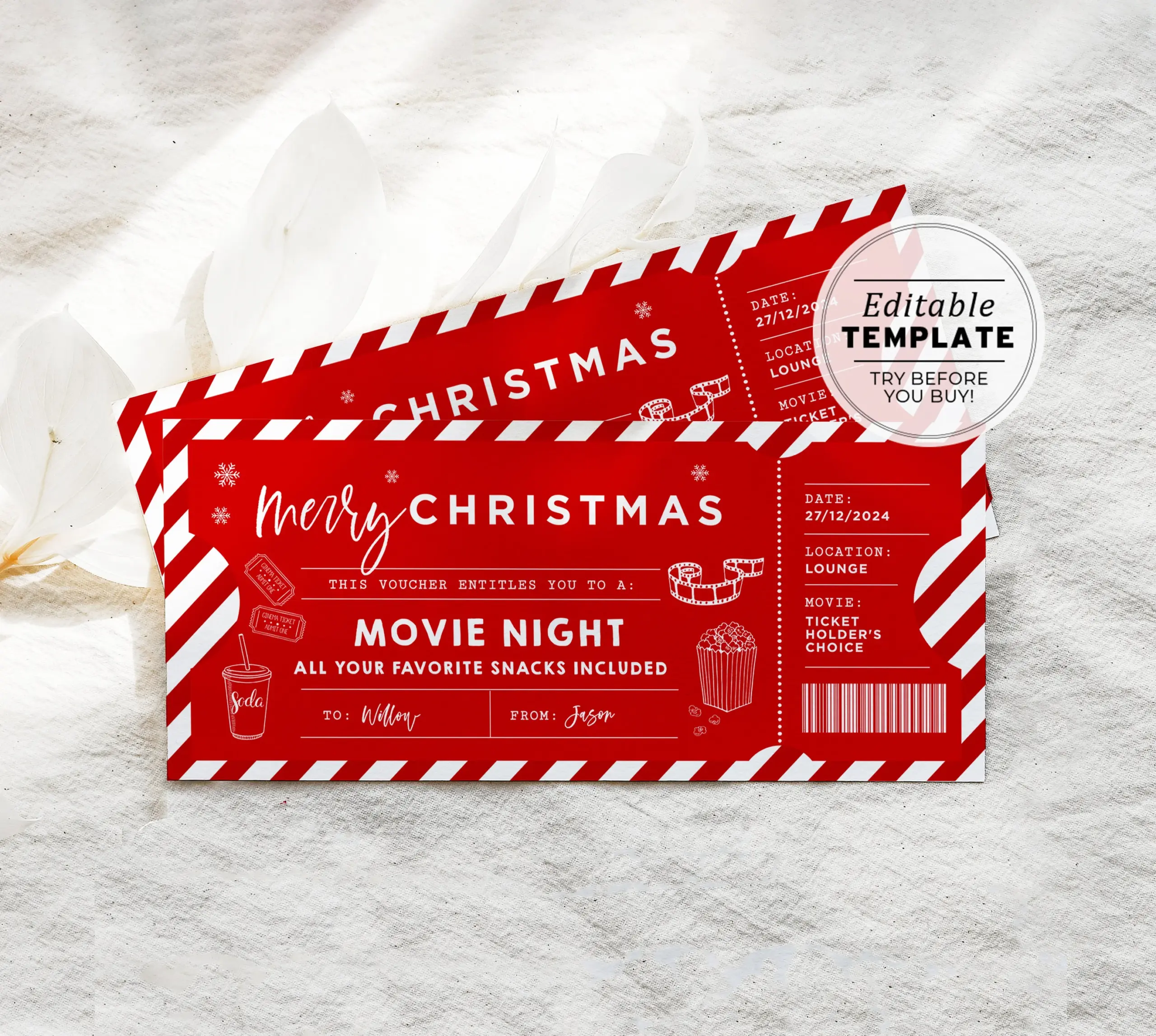 Christmas Movie Night Ticket Template