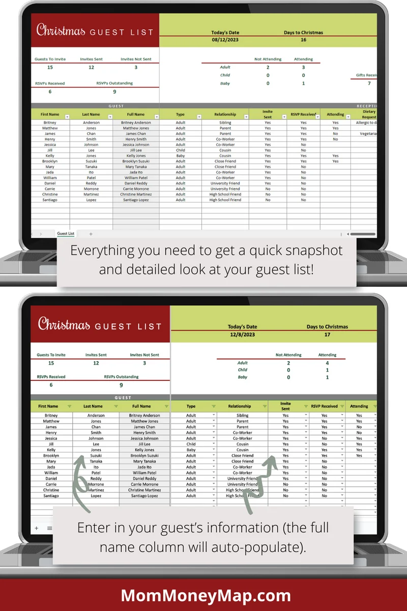 Christmas Party Guest List Tracker Excel Spreadsheet