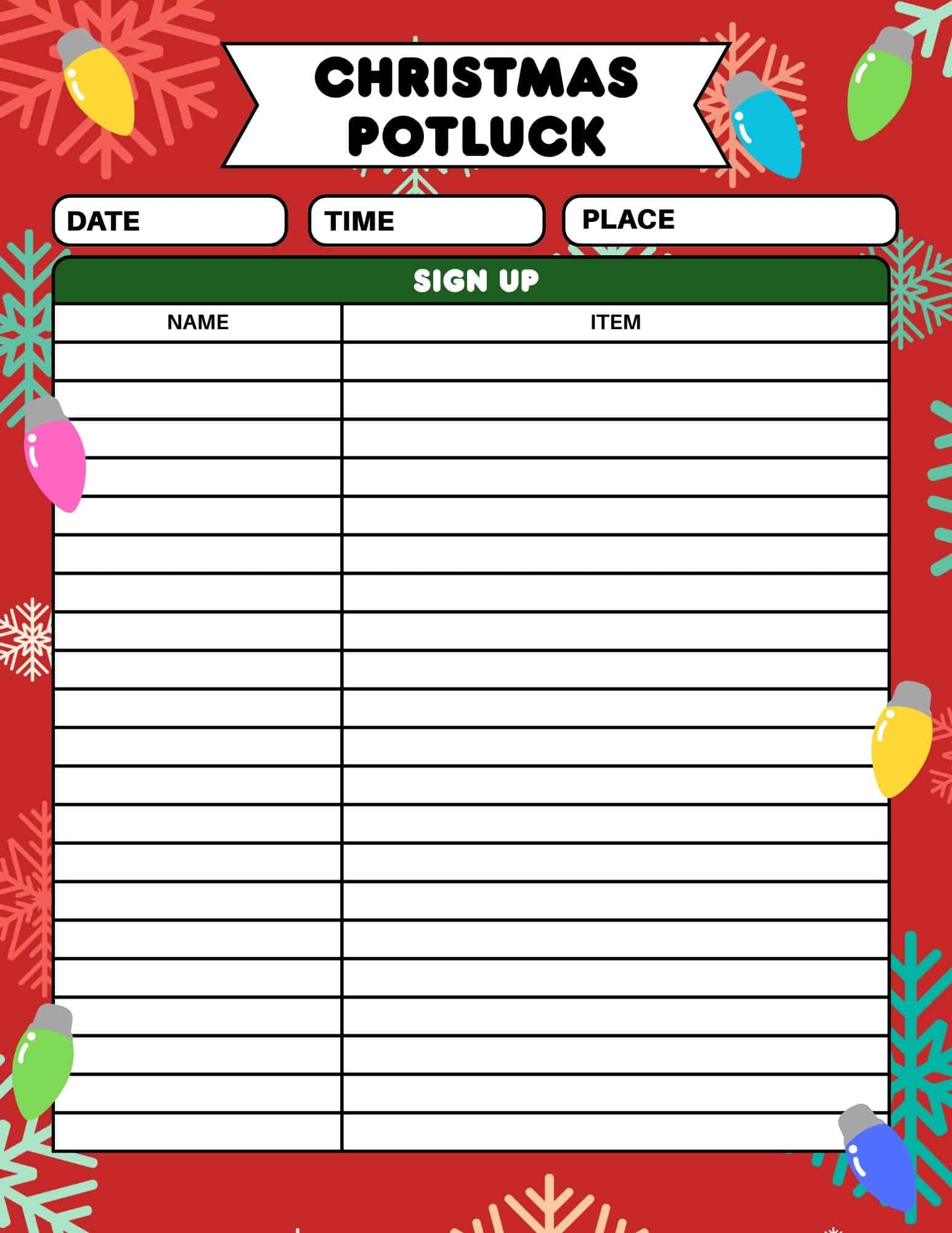 Christmas Potluck Sign Up Sheet