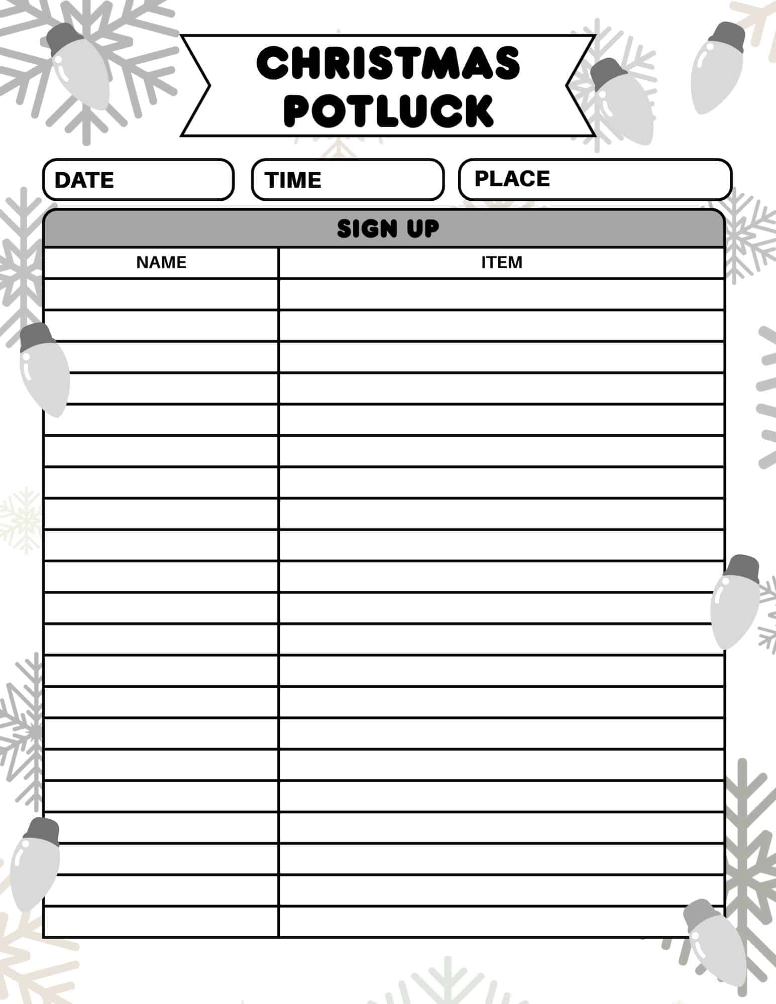 Christmas Potluck Sign Up Sheet