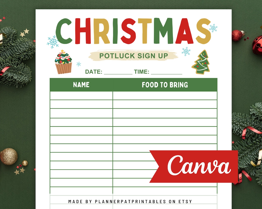 Christmas Potluck Sign Up Sheet