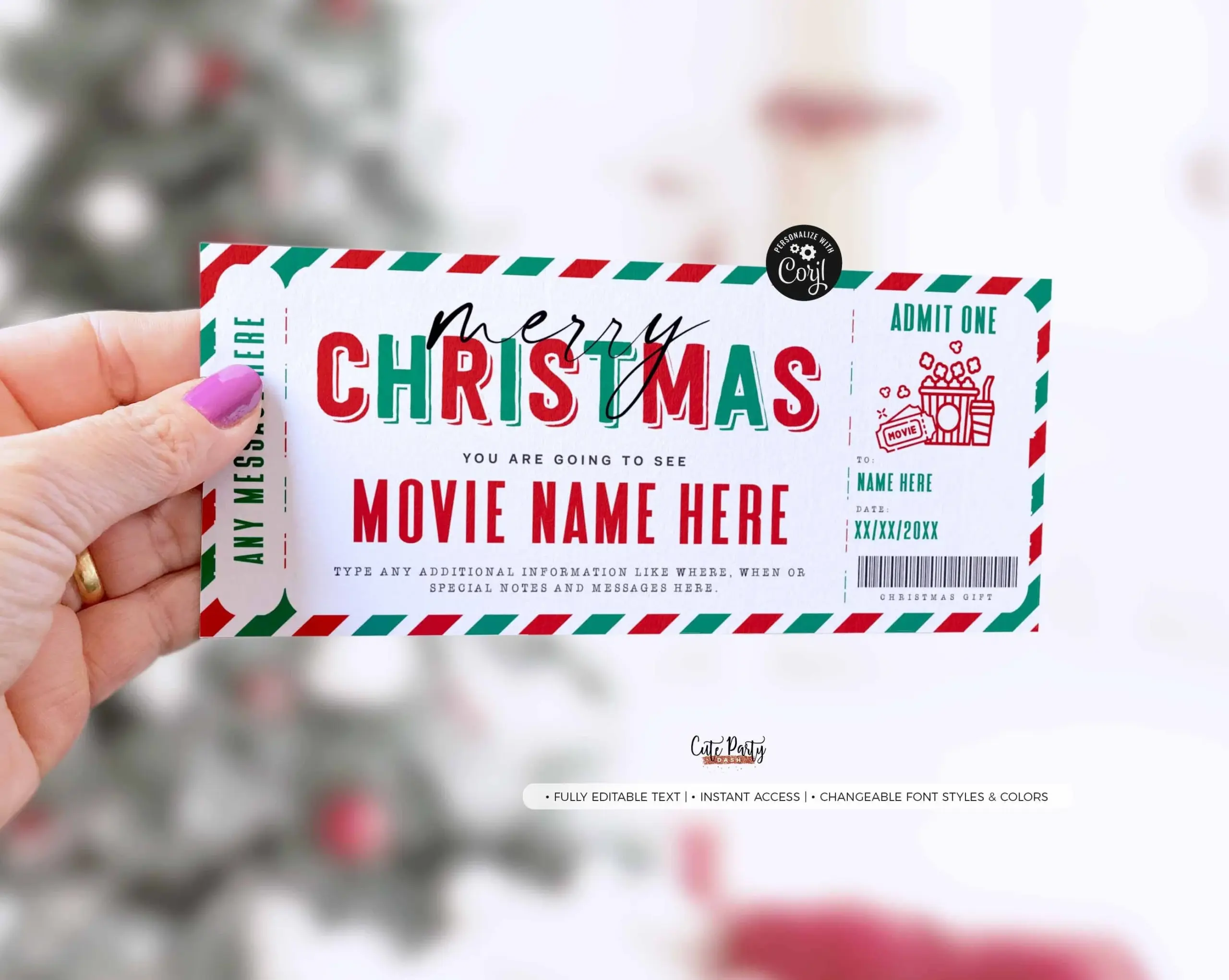Christmas Surprise Movie Night Gift Ticket Template Digital Download